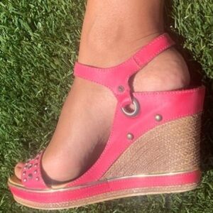 Gold studded pink and tan wedges